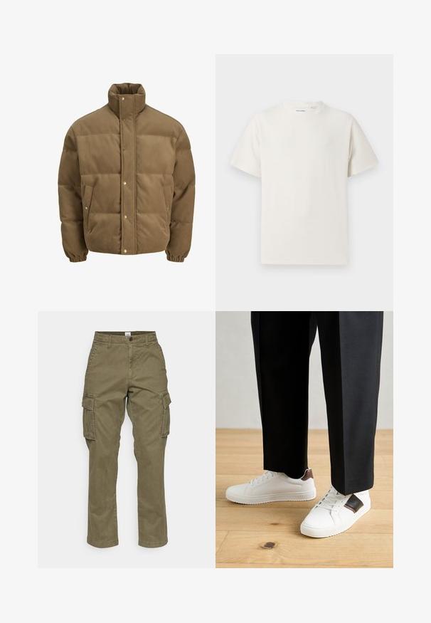 Brun kordfløyels pufferjakke med høy krage, trykknapper, elastiske mansjetter og sidelommer, vist på en hvit bakgrunn.; Hvit T-skjorte med kort erm i ribbestrikket tekstur. Rund hals, avslappet passform, ingen synlige mønstre eller detaljer. Enkelt og allsidig design.; Oliven grønne cargo bukser i bomull, med en rett ben-design, sidelommer og subtile sømmer. Teksturen er jevn, med slitesterkt stoff.; Hvite sneakers med glatt tekstur, med brune skinnakenter og svart detaljer, parret med svarte skreddersydde bukser. Bakgrunn med tregulv.