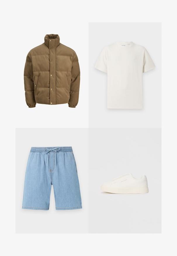 Barna kordbársony pufikabát magas gallérral, patentgombokkal, rugalmas mandzsettákkal és oldalsó zsebekkel, fehér háttéren bemutatva.; Fehér, rövid ujjú póló bordázott textúrával. Kerek nyakkivágás, laza szabás, nincs látható minta vagy díszítés. Egyszerű és sokoldalú dizájn.; Világoskék farmer rövidnadrág elasztikus derékkal, zsinóros zárással, elől redőzött, egyenes szabású lábakkal.; Fehér slip-on sportcipők texturált felülettel, vastag talppal és minimalista dizájnnal. Az oldalon a márka logója található.
