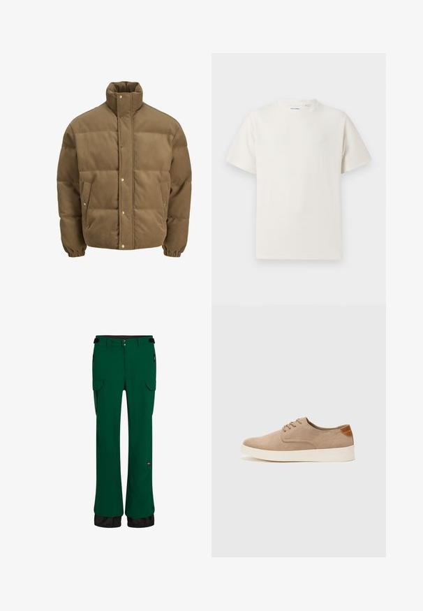 Chaqueta de plumón de pana marrón con cuello alto, botones a presión, puños elásticos y bolsillos laterales, exhibida sobre un fondo blanco.; Camiseta blanca de manga corta en textura acanalada. Cuello redondo, corte relajado, sin patrones ni acentos visibles. Diseño simple y versátil.; Pantalones impermeables verdes con corte recto, cintura elástica, bolsillos tipo cargo, bolsillos laterales con cremallera y un ribete negro en la parte inferior.; Zapatillas de ante beige con puntera redondeada, cordones en la parte delantera y un acento texturizado en la parte trasera. La suela de goma blanca proporciona contraste. Diseño sencillo y moderno.
