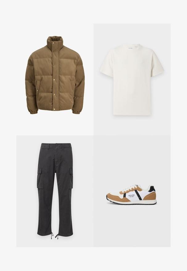 Casaco puffer de veludo cotelê castanho com colarinho alto, botões de pressão, punhos elásticos e bolsos laterais, exibido sobre um fundo branco.; T-shirt branco de manga curta em textura canelada. Gola redonda, ajuste descontraído, sem padrões ou detalhes visíveis. Design simples e versátil.; Calças cargo pretas com dois bolsos laterais, punhos ajustáveis com cordão, fecho de botão e uma textura de tecido lisa e durável.; Sapatilha de estilo retro com parte superior em suede branco e bege, detalhes em preto, atacadores brancos e logo "Jack & Jones EST. 1990" na lateral.