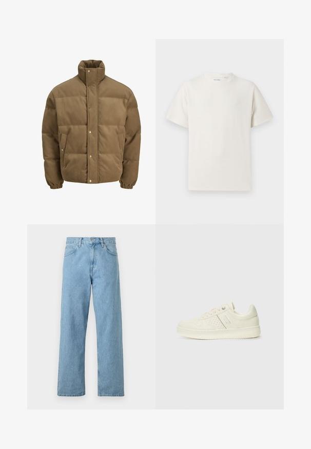 Brun manchesterpuffjacka med hög krage, tryckknappar, elastiska manschetter och sidofickor, visas mot en vit bakgrund.; Vit t-shirt med kort ärm i ribbad struktur. Rund halsringning, löst sittande passform, inga synliga mönster eller detaljer. Enkelt och mångsidigt design.; Ljusblå denimjeans med rakt ben, fem fickor, knapp- och dragkedjestängning samt en lätt urtvättad finish.; Krämfärgad sneaker med perforerade detaljer, snören och logotyp på sidan, visad mot en enkel vit bakgrund.