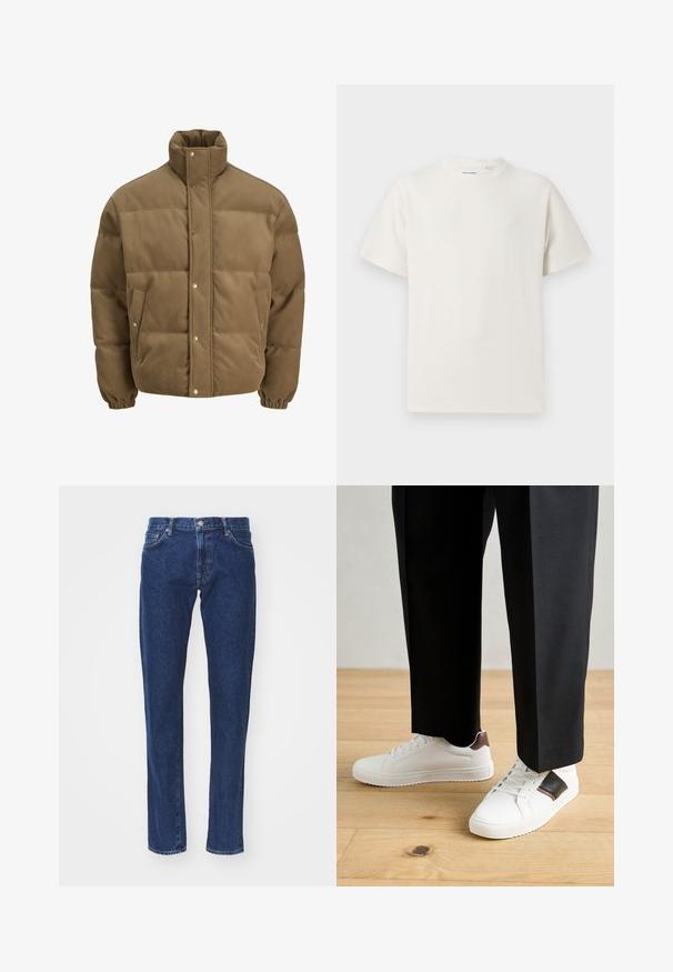 Barna kordbársony pufikabát magas gallérral, patentgombokkal, rugalmas mandzsettákkal és oldalsó zsebekkel, fehér háttéren bemutatva.; Fehér, rövid ujjú póló bordázott textúrával. Kerek nyakkivágás, laza szabás, nincs látható minta vagy díszítés. Egyszerű és sokoldalú dizájn.; Sötétkék farmernadrág egyenes szárú kivitelben, öt zsebes dizájnnal, fém gombos záródással és világos varrás részletekkel.; Fehér sneaker, sima textúrával, barna bőr díszítéssel és fekete részletekkel, fekete szabott nadrággal párosítva. Fából készült padló háttér.