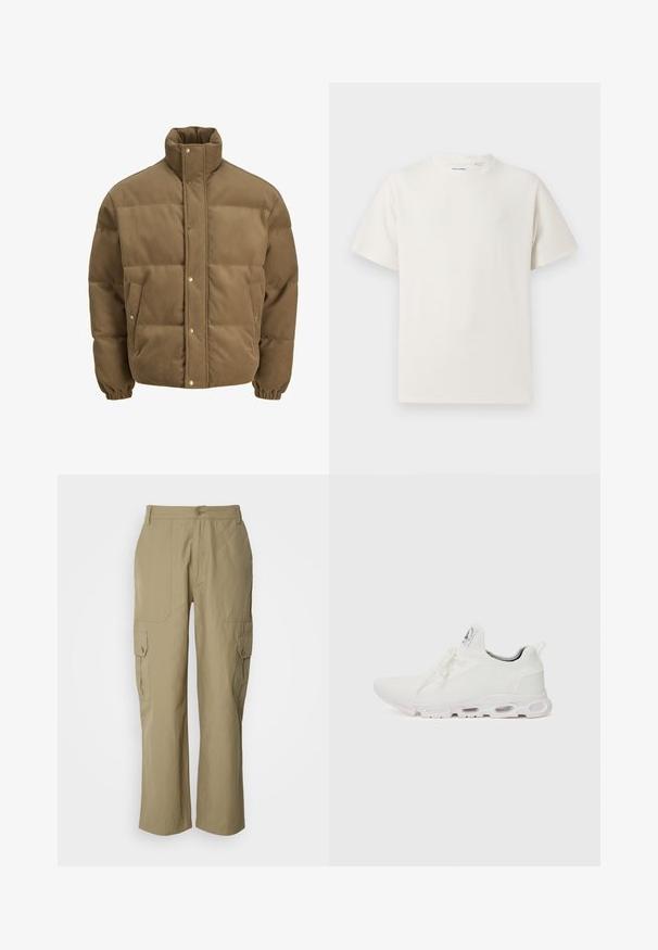 Rjav cordurojasti puhovnik z visokim ovratnikom, zaponkami na gumbe, elastičnimi manšetami in stranskimi žepi, prikazan na beli podlagi.; Bela majica s kratkimi rokavi iz rebraste tkanine. Okrogli izrez, sproščen kroj, brez vidnih vzorcev ali naglasov. Preprosta in vsestranska zasnova.; Bež cargo hlače iz lahkega materiala, z dvema stranskima žepoma, z gumbom za zapiranje in ravnim krojem.; Bela atletska obuća z značilnom pletenom gornjom stranom, ravnim vezicama i podlogom s jastučićem koja ima vidljive zračne komore za dodatnu potporu.