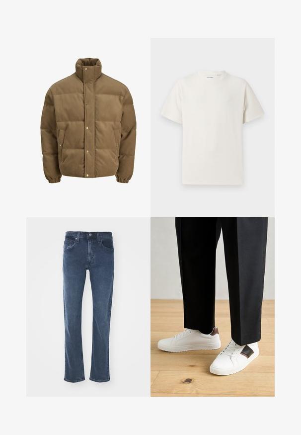 Barna kordbársony pufikabát magas gallérral, patentgombokkal, rugalmas mandzsettákkal és oldalsó zsebekkel, fehér háttéren bemutatva.; Fehér, rövid ujjú póló bordázott textúrával. Kerek nyakkivágás, laza szabás, nincs látható minta vagy díszítés. Egyszerű és sokoldalú dizájn.; Sötétkék farmernadrág, egyenes fazonban, öt zsebes kialakítással, diszkrét varrási részletekkel és klasszikus derékkal, gombos záródással.; Fehér sneaker, sima textúrával, barna bőr díszítéssel és fekete részletekkel, fekete szabott nadrággal párosítva. Fából készült padló háttér.