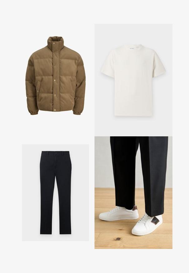 Brązowa puchowa kurtka z korduroy z wysokim kołnierzem, zatrzaskami, elastycznymi mankietami i bocznymi kieszeniami, wystawiona na białym tle.; Biała krótka koszulka z krótkim rękawem o żebrowanej fakturze. Okrągły dekolt, luźny krój, brak widocznych wzorów lub akcentów. Prosty i uniwersalny design.; Czarne chinosy wykonane z bawełnianej tkaniny, z prostymi nogawkami, z zapięciem na guzik z przodu i dwiema bocznymi kieszeniami. Gładka tekstura, minimalne detale.; Białe trampki o gładkiej fakturze, z brązowymi skórzanymi akcentami i czarnymi detalami, zestawione z czarnymi eleganckimi spodniami. Tło stanowi drewniana podłoga.