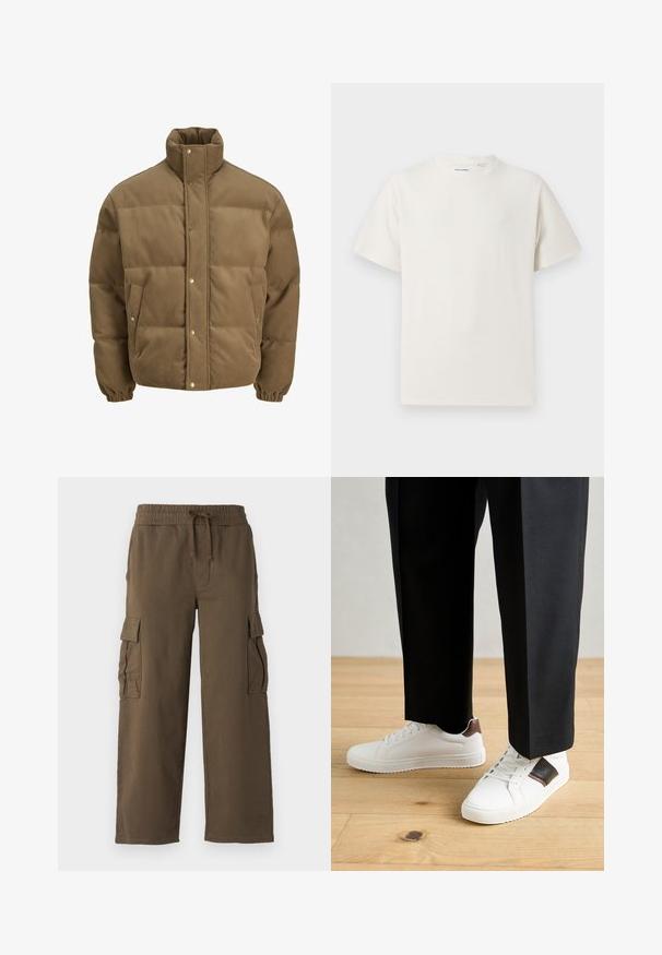 Hnedý kordurovkový bomber s vysokým golierom, sponami, elastickými manžetami a postrannými vreckami, vystavený na bielom pozadí.; Biela krátka tričko s krátkym rukávom so žebrovanou textúrou. Okrúhly výstrih, uvoľnený strih, žiadne viditeľné vzory ani akcenty. Jednoduchý a všestranný dizajn.; Cargo nohavice s elastickým pásom, šnúrkou a dvoma bočnými vreckami. Vyrobené z mäkkej hnedej látky s voľným, širokým strihom.; Biele tenisky s hladkým povrchom, s hnedými koženými akcentmi a čiernymi detailmi, spárované s čiernymi elegantnými nohavicami. Pozadím je drevená podlaha.