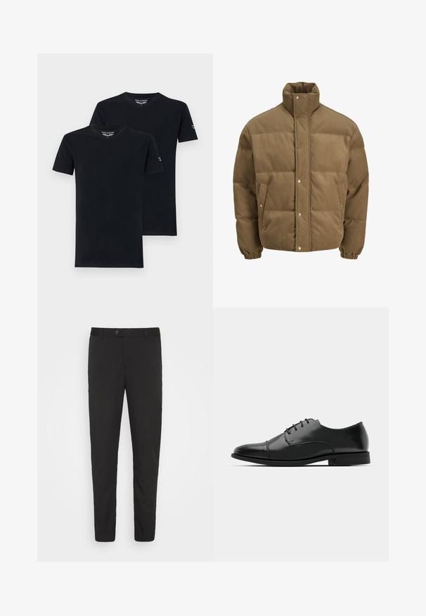 Giacca puffer in corduroy marrone con colletto alto, bottoni a pressione, polsini elasticizzati e tasche laterali, esposta su uno sfondo bianco.; Due magliette di cotone nere a maniche corte con scollatura a V, dotate di un'etichetta sul colletto e di un piccolo logo sulla manica.; Pantaloni neri, taglio sartoriale con gamba dritta, tasche frontali e chiusura a bottone. Realizzati in tessuto liscio con una leggera lucentezza.; Scarpa da uomo in pelle nera con punta rotonda, design con lacci, dettagli di cucitura discreti e tacco basso. Texture liscia con finitura lucida.