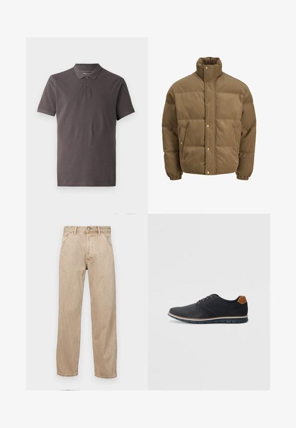 Hnědá kordurová péřová bunda s vysokým límcem, patkovými knoflíky, elastickými manžetami a bočními kapsami, vystavená na bílém pozadí.; Polo tričko v tmavě šedé bavlně s límečkem, zapínáním na tři knoflíky, krátkými rukávy a decentně vyšitým logem na levé straně hrudi.; Béžové džíny z denimu se středně širokým střihem, vybavené předními kapsami, kovovým zapínáním na knoflík a jemnou texturou.; Černé syntetické boty s texturovaným svrškem, hladkými detaily, hnědým podpatkem a kontrastní podrážkou. Obsahují minimální šněrování a švy.