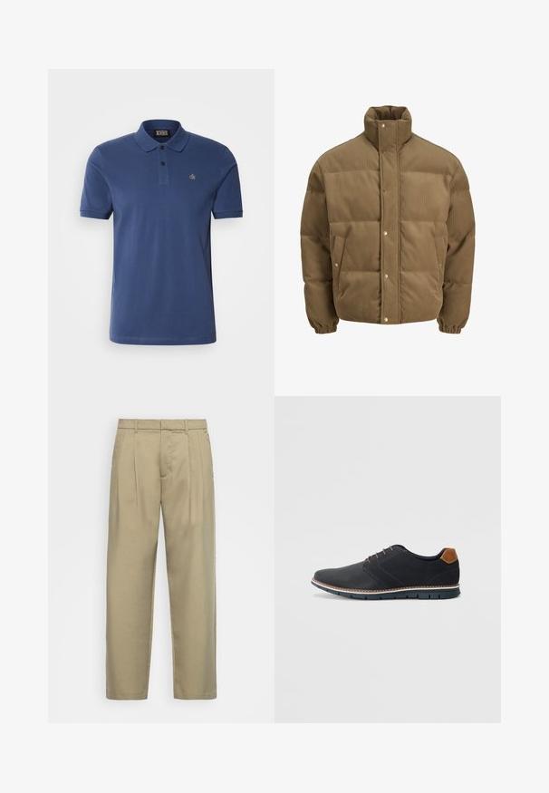 Hnedý kordurovkový bomber s vysokým golierom, sponami, elastickými manžetami a postrannými vreckami, vystavený na bielom pozadí.; Námornícky modrá polo tričko vyrobené z bavlny, s krátkymi rukávmi, trojgombíkovou légou a malým vyšitým logom na hrudi.; Béžové, vysoké nohavice s rovnými nohavicami, s plochým predným dielom, bočnými vreckami a hladkým, textúrovaným materiálom.; Čierne syntetické topánky so štruktúrovaným zvrškom, hladkými akcentmi, hnedým opätkom a kontrastnou podrážkou. Majú minimálne šnurovanie a detaily prešitia.