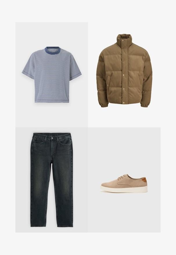 Brun corduroy pufferjakke med høj krave, trykknapper, elastiske manchetter og sidelommer, vist på en hvid baggrund.; Blå og hvid stribet kortærmet t-shirt med rund halsudskæring og en afslappet pasform, lavet af blødt, let materiale.; Mørkeblå denimjeans med lige ben, der har fem lommer, lynlås og kontrasterende syninger. Diskret falming på stoffet.; Beige ruskinds sneakers med rund tå, snørebånd foran og en struktureret rygdetalje. Hvid gummisål giver kontrast. Enkel og moderne design.