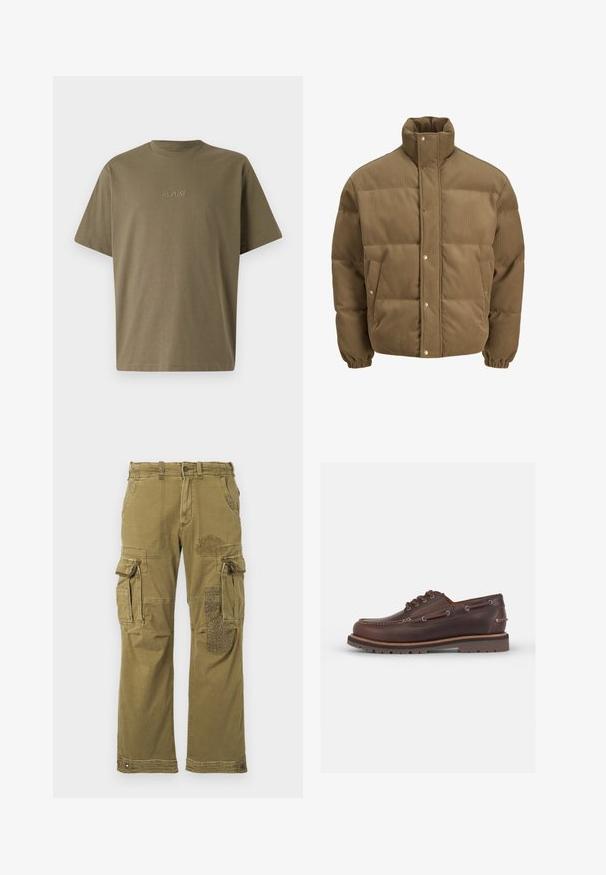 Brązowa puchowa kurtka z korduroy z wysokim kołnierzem, zatrzaskami, elastycznymi mankietami i bocznymi kieszeniami, wystawiona na białym tle.; Oliwkowy T-shirt, okrągły dekolt, krótkie rękawy, wykonany z miękkiego materiału. Na froncie umieszczone jest haftowane słowo "REPLAY" w pasującym odcieniu.; Koszula w kratę z długim rękawem w odcieniach fioletu i różu, z kołnierzykiem zapinanym na guziki i czarnymi guzikami, wykonana z miękkiego materiału o gładkiej teksturze.; Zielone oliwkowe spodnie cargo z wieloma kieszeniami, z wzorzystą łatą na prawej nodze i wzmocnionymi szwami. Luźny krój i tekstura tkaniny.; Czarne skórzane buty żeglarskie z okrągłym noskiem, sześcioma oczkami, kontrastowym przeszyciem i teksturowaną gumową podeszwą.
