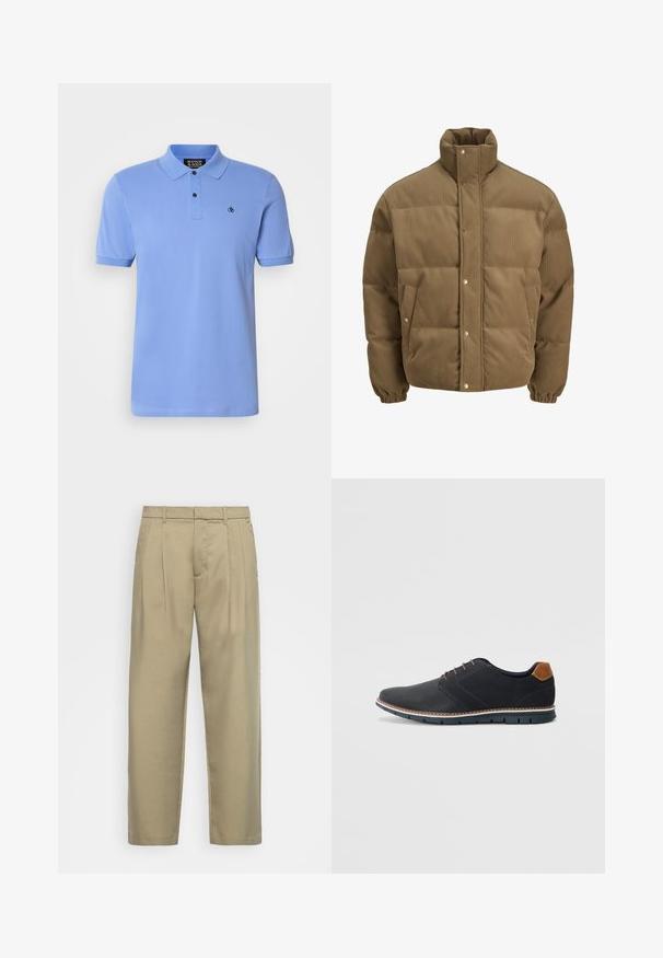Hnědá kordurová péřová bunda s vysokým límcem, patkovými knoflíky, elastickými manžetami a bočními kapsami, vystavená na bílém pozadí.; Světle modré polo tričko vyrobené z bavlny, s knoflíkovou légou, krátkými rukávy, žebrovaným límcem a malým vyšitým logem na hrudi.; Beige kalhoty s vysokým pasem a rovnýmlíčkem, s plochým předním dílem, bočními kapsami a hladkým, strukturovaným materiálem.; Černé syntetické boty s texturovaným svrškem, hladkými detaily, hnědým podpatkem a kontrastní podrážkou. Obsahují minimální šněrování a švy.