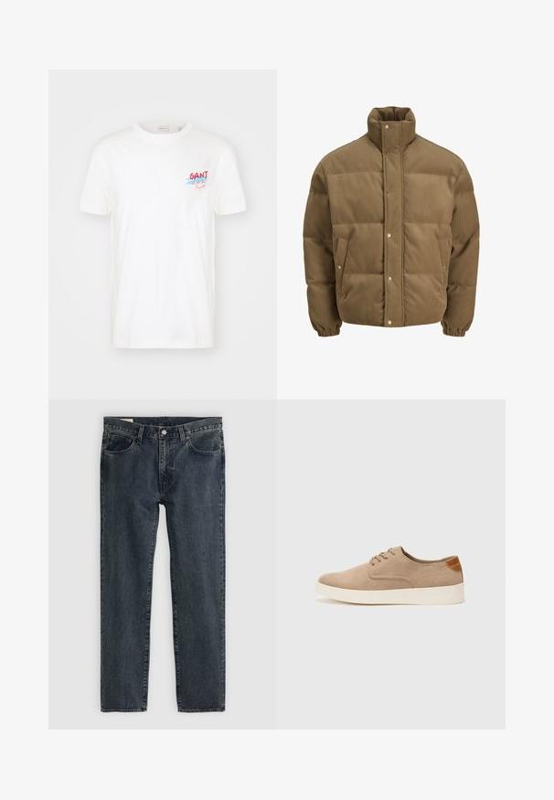 Pruunist kootud puffer-jope kõrge kraega, nööbid, elastsed mansetid ja küljetaskud, esitatud valgel taustal.; Valge puuvillane T-särk, millel on lühikesed varrukad, ümmargune kaelus ja värvikas "GANT" logo siniste ja punaste aktsentidega rinnal.; Tumedat sinised teksapüksid sirge jalaga disainiga, viie taskuga ja nupuga sulgemine. Kanga peal on peenheledus ja tekstuur.; Beežid nahast tossud ümarate varvastega, paeltega esiosa ja tekstuuriga tagakontuuriga. Valge kummist tallapakkumine loob kontrasti. Lihtne ja kaasaegne disain.