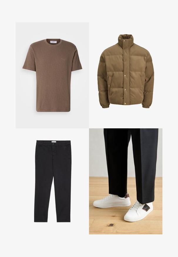 Brūns korduroja pufersjakas ar augstu apkakli, spiedpogu aizdari, elastīgām aprocēm un sānu kabatām, izstādīta uz baltā fona.; Brūns kokvilnas T-krekls ar apaļu kaklu, īsām piedurknēm un noslēpumainu logo uz krūtīm; viegla auduma, ar mīkstu, teksturētu apdari.; Melni kokvilnas bikses ar šauru piegriezumu, kurām ir divas sānu kabatas un priekšējā pogu aizdare. Tekstūrēta auduma ar smalku detalizāciju.; Baltā pārsoļa apavi ar gludu tekstūru, papildināti ar brūniem ādas akcentiem un melniem elementiem, savienoti ar melnām pielāgotām biksēm. Koka grīdas fons.