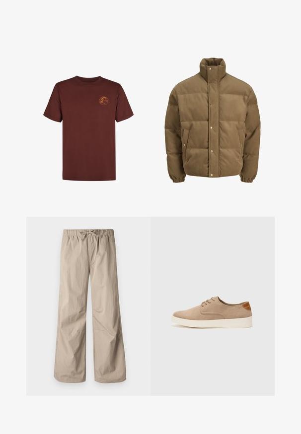 Brown corduroy puffer jacket with high collar, snap buttons, elastic cuffs, and side pockets, displayed on a white background.; Brown cotton t-shirt with short sleeves and a round neck, featuring a small orange logo on the left side. Smooth texture and classic fit.; Beige wide-leg pants with an elastic waistband and drawstring. Smooth texture, two side pockets, and minimal seams for a relaxed fit.; Beige suede sneakers with a rounded toe, lace-up front, and a textured back accent. White rubber sole provides contrast. Simple and modern design.