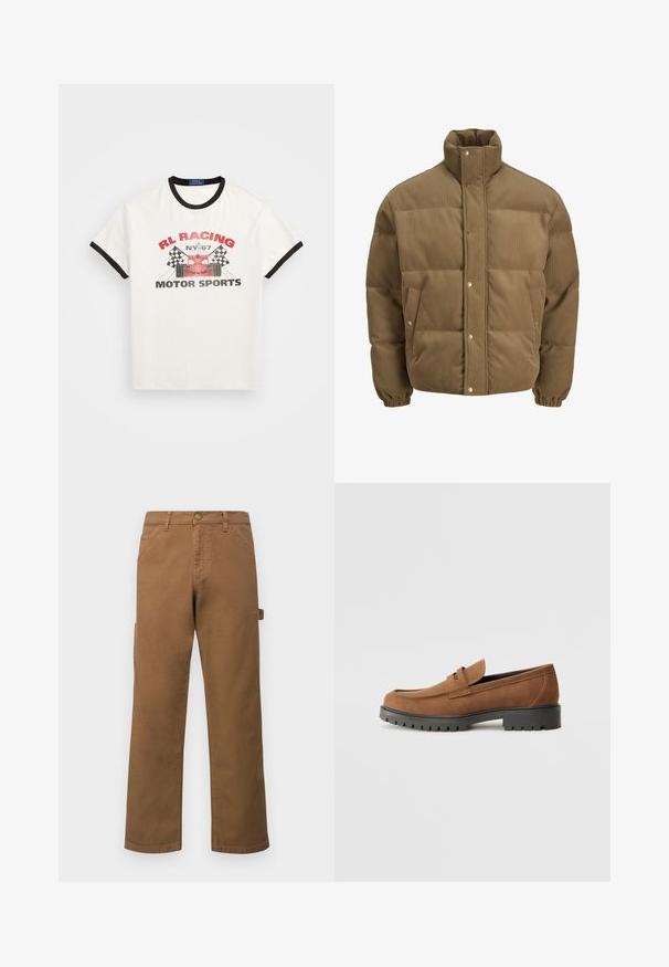 Brązowa puchowa kurtka z korduroy z wysokim kołnierzem, zatrzaskami, elastycznymi mankietami i bocznymi kieszeniami, wystawiona na białym tle.; Biała bawełniana koszulka z czarnym kołnierzykiem i rękawami. Posiada czerwoną i czarną grafikę z ilustracją wyścigowego samochodu oraz szachownicowymi flagami.; Brązowe bawełniane spodnie cargo z prostymi nogawkami, z bocznymi kieszeniami i metalowym zapięciem na guzik w talii. Gładka tekstura i casualowy design.; Brązowe zamszowe mokasyny z zaokrąglonym noskiem i niską czarną gumową podeszwą, z dekoracyjnym paskiem i detalami ściegów na cholewce.
