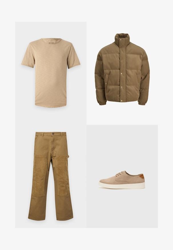 Ruskea corduroy-pufferttake, jossa on korkea kaulus, nepparit, elastiset hihansuut ja sivutaskut, esillä valkoista taustaa vasten.; Vaaleanbeige lyhythihainen t-paita, joka on valmistettu pehmeästä kankaasta. Sisältää pyöreän kaula-aukon ja kevyesti teksturoidun pinnan, jossa on kaareva helma.; Cargo-housut, jotka on valmistettu ruskeasta puuvillasta, joissa on kontrastiväriset ribbikankaiset paikat, suoralahkeinen mallitus, viisi taskua ja nappisulku.; Beige nubuck-lenkkarit, joissa on pyöreä kärki, nauhakiinnitys ja teksturoitu takaosa. Valkoinen kumipohja tuo kontrastia. Yksinkertainen ja moderni muotoilu.