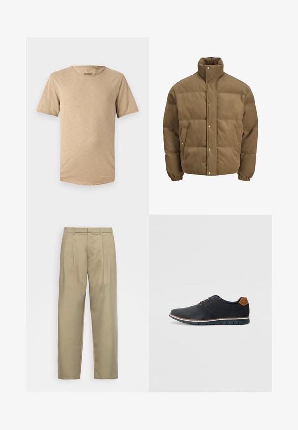 Rjav cordurojasti puhovnik z visokim ovratnikom, zaponkami na gumbe, elastičnimi manšetami in stranskimi žepi, prikazan na beli podlagi.; Bež majica s kratkimi rokavi iz mehkega blaga. Ima okroglo vratu in rahlo strukturirano površino s ukrivljenim robom.; Bež hlače visoko pasu s ravnim krojem, z ravnim sprednjim delom, stranskimi žepi in gladkim, teksturiranim materialom.; Črne sintetične čevlje z teksturirano zgornjščino, gladkimi akcenti, rjavim petnim delom in kontrastnim podplatom. Imajo minimalno vezanje in detajle šivanja.
