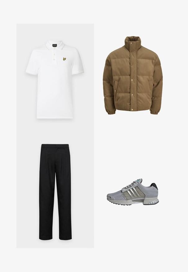 Bruine ribfluwelen pufferjack met hoge kraag, drukknoopsluiting, elastische manchetten en zijzakken, weergegeven op een witte achtergrond.; Witte polo shirt van katoen met een textuurafwerking. Beschikt over een geel geborduurd logo op de borst, een twee-knoopsluiting en contrasterende kraagafwerking.; Zwarte broeken van gladde stof, met een recht model, twee voorknikken en een standaard tailleband met riemlussen.; Grijze sportschoen met een gestructureerde mesh bovenkant, transparante accenten en drie zilveren strepen. Beschikt over een gevoerde zool en rubberen buitenzool.