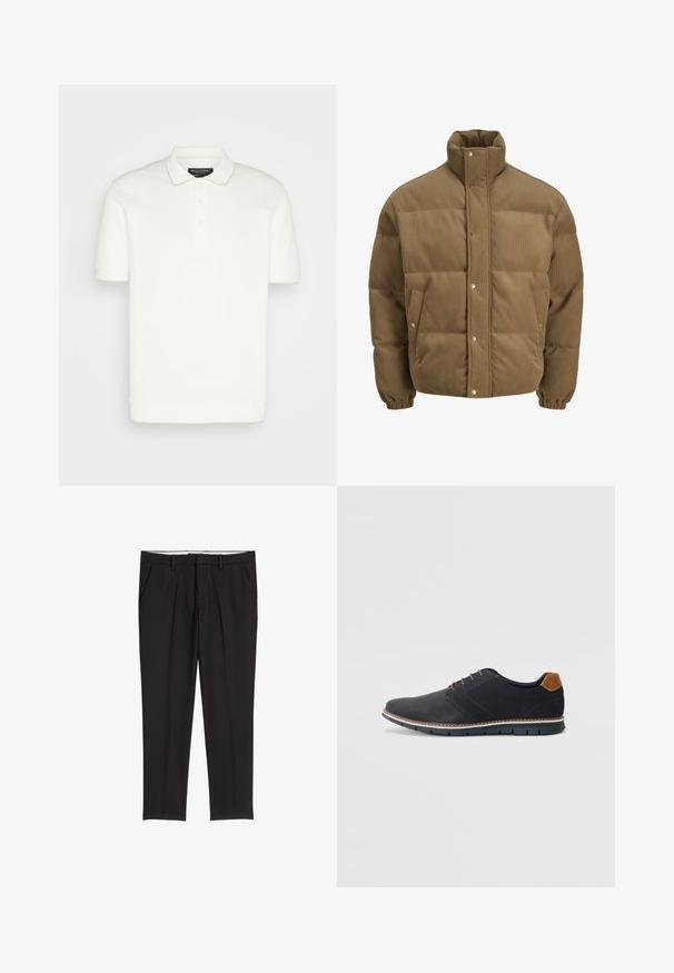 Braune Cord-Puffjacke mit hohem Kragen, Druckknöpfen, elastischen Bündchen und Seitentaschen, auf einem weißen Hintergrund präsentiert.; Weißes Polohemd, kurze Ärmel, klassischer Kragen, Dreiknopf-Leiste, weiche Textur, gerippte Bündchen und Saum, minimalistisches Design ohne Muster.; Schwarze, maßgeschneiderte Hose mit glatter Textur, ausgestattet mit zwei Seitentaschen, einer flachen Vorderseite und einem klassischen Bund.; Schwarze synthetische Schuhe mit einer strukturierten Oberseite, glatten Akzenten, braunem Absatz und einer kontrastierenden Sohle. Verfügt über minimale Schnürung und Nähdetails.