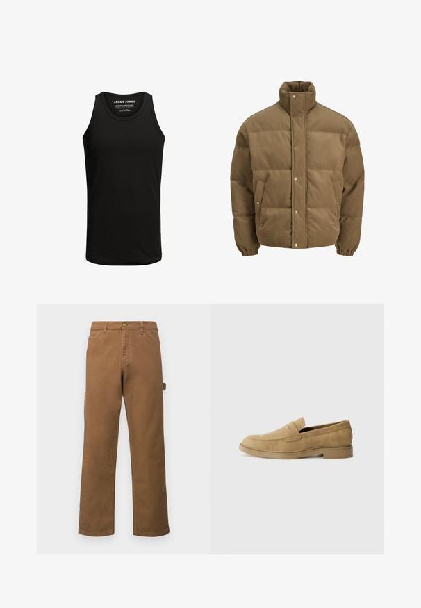 Brun kordfløyels pufferjakke med høy krage, trykknapper, elastiske mansjetter og sidelommer, vist på en hvit bakgrunn.; Svart tanktopp laget av bomullsblanding, med klassisk rund hals og uten ermer. Enkelt utseende uten mønstre eller detaljer.; Brune bomulls cargobukser med rette ben, med sidelommer og metallknapp-lukking i midjen. Glatt tekstur og uformelt design.; Brune mokkasiner i suede med rund tå, lav blokk hæl og sydd detaljer på overdelen. Glatt tekstur og minimalistisk design.
