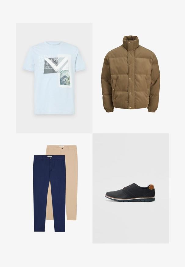 Brūns korduroja pufersjakas ar augstu apkakli, spiedpogu aizdari, elastīgām aprocēm un sānu kabatām, izstādīta uz baltā fona.; Gaiši zila kokvilnas T-krekls ar grafiskām apdrukām, kas attēlo arhitektūras elementus un dabu, ar baltu teksta slāni un īsām piedurknēm.; Divas bikses: vienas tumši zilas, otras bēšas. Abām ir taisna griezuma, pogu aizdare un gluda auduma tekstūra.; Melni sintētiskie apavi ar struktūru augšdaļā, gludu akcentu, brūnu papēdi un kontrastējošu zoli. Iezīmē minimālu šņorēšanu un šuvju detaļas.