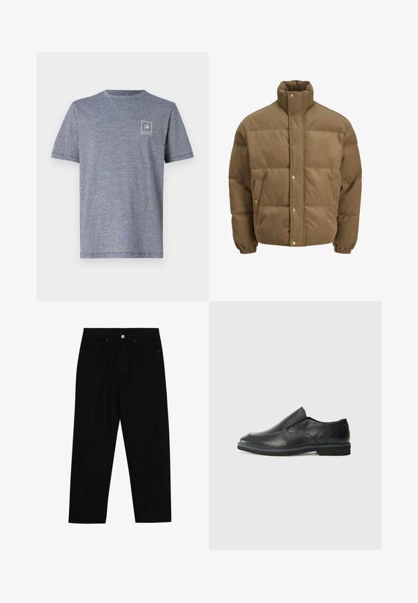 Brun kordfløyels pufferjakke med høy krage, trykknapper, elastiske mansjetter og sidelommer, vist på en hvit bakgrunn.; Grå kortermet t-skjorte laget av bomullsblandingsstoff, med et kvadratisk logo på øverste venstre bryst og rund hals.; Sorte denimbukser med rett benklipp, fem-lomme design og frontknappåpning. Jevn tekstur med minimale sømdetaljer.; Sorte skinn slip-on sko med en jevn overflate, stikking detaljer, rund tå og en lav gummihæl. Sålen har minimal mønstring.