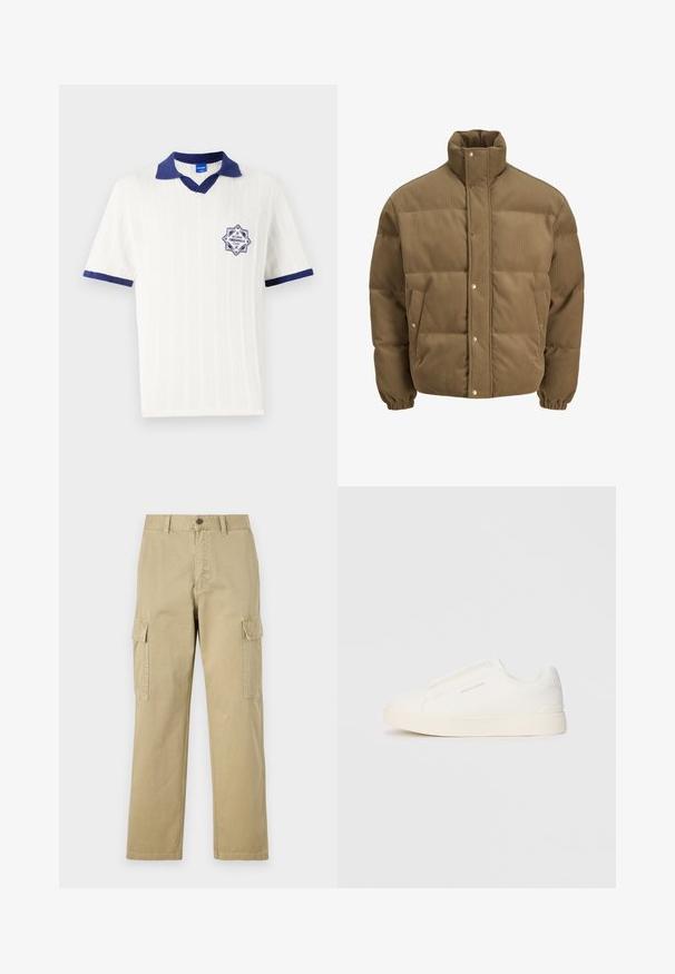 Pruunist kootud puffer-jope kõrge kraega, nööbid, elastsed mansetid ja küljetaskud, esitatud valgel taustal.; Valge lühikeste varrukatega polo-särk, millel on tumesinine krae ja ääreline. Omab tekstuurset mustrit ja tumesinist embleemi, millel on kiri "EST 1980".; Beige cargos, mis on valmistatud puuvillast, sisaldavad kahte küljetaskut, nööbiga sulgemist ja sirgeid jalgu, millel on kergelt tekstureeritud kangas.; Valged libisemiskindlad tossud tekstuuriga pinnaga, paksu tallaga ja minimalistikus disainis. Küljel on brändi logo.
