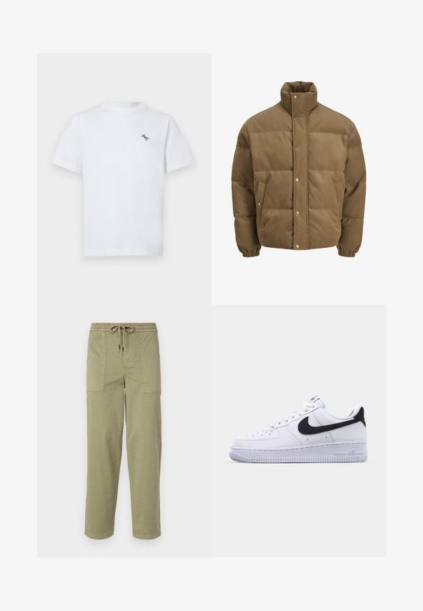 Hnědá kordurová péřová bunda s vysokým límcem, patkovými knoflíky, elastickými manžetami a bočními kapsami, vystavená na bílém pozadí.; Bílý bavlněný tričko s kulatým výstřihem a krátkým rukávem. Obsahuje malé černé vyšívané logo na levé straně hrudi.; Pantalony světle olivové barvy vyrobené z bavlněné směsi, s elastickým pasem na šnůrku a dvěma velkými bočními kapsami.; Bílé kožené tenisky s texturovaným černým Swooshem, plochými tkaničkami a gumovou podrážkou s drážkovaným vzorem. Na patě je embosováno "AIR".