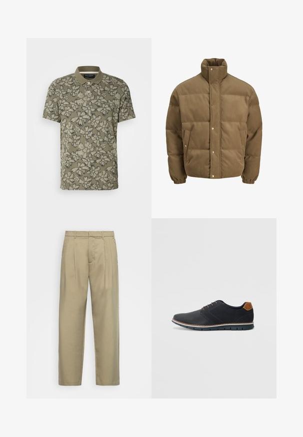 Braune Cord-Puffjacke mit hohem Kragen, Druckknöpfen, elastischen Bündchen und Seitentaschen, auf einem weißen Hintergrund präsentiert.; Kurzarm-Polo in Olivgrün mit floralem Druck in Schwarz und Creme. Mit Kragen und einer Drei-Knopf-Leiste. Weiches, strukturiertes Material.; Beige, hochgeschnittene Hose mit geradem Schnitt, flachem Bund, Seitentaschen und einem glatten, strukturierten Stoff.; Schwarze synthetische Schuhe mit einer strukturierten Oberseite, glatten Akzenten, braunem Absatz und einer kontrastierenden Sohle. Verfügt über minimale Schnürung und Nähdetails.
