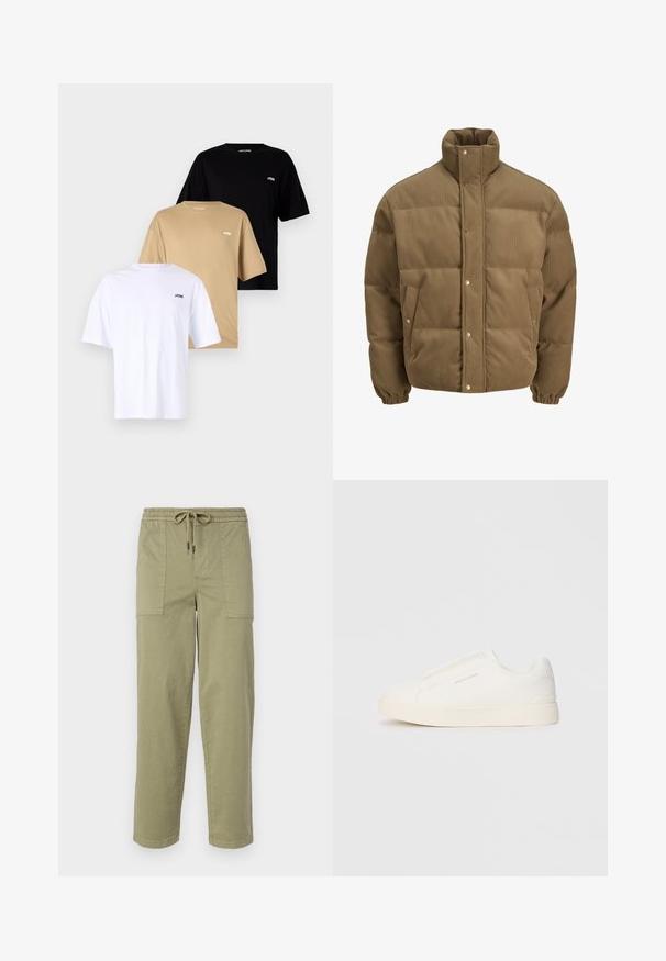 Brun kordfløyels pufferjakke med høy krage, trykknapper, elastiske mansjetter og sidelommer, vist på en hvit bakgrunn.; Tre korte ermer T-skjorter stablet: hvit, beige og svart. Hver har rund hals og en liten logo på venstre bryst. Laget av bomull.; Lys olivengrønne bukser laget av bomullsblandingsstoff, med elastisk midje og snor, samt to store sidelommer.; Hvite slip-on joggesko med teksturert overflate, tykk såle og minimalistisk design. Har merkevarelogo på siden.