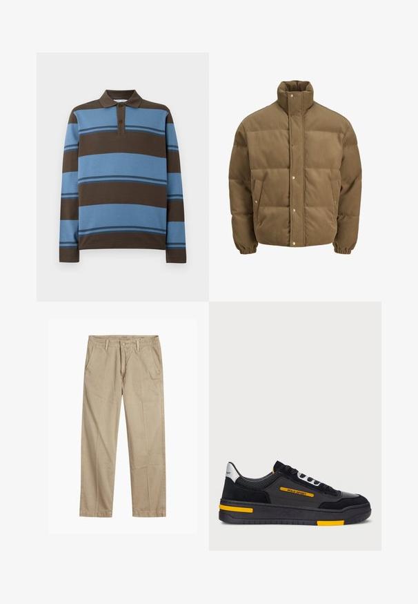 Brown corduroy puffer jacket with high collar, snap buttons, elastic cuffs, and side pockets, displayed on a white background.; Polo shirt featuring long sleeves, brown and light blue horizontal stripes, with a three-button placket and a ribbed collar.; Beige straight-leg chinos with belt loops, front button and zipper closure, and slant front pockets.; Black sneakers with a suede and mesh upper, yellow accents, and a thick black sole. Lace-up closure and "POLO SPORT" branding on the side.