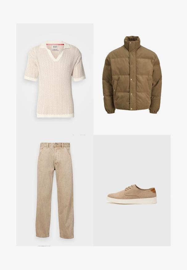 Brown corduroy puffer jacket with high collar, snap buttons, elastic cuffs, and side pockets, displayed on a white background.; Beige short-sleeve sweater with a textured zigzag pattern and a V-neck. Features a contrasting cream-colored collar and cuffs.; Beige denim jeans with a straight leg design, featuring front pockets, a metal button closure, and subtle texture.; Beige suede sneakers with a rounded toe, lace-up front, and a textured back accent. White rubber sole provides contrast. Simple and modern design.