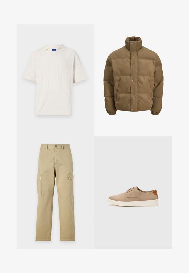 Hnědá kordurová péřová bunda s vysokým límcem, patkovými knoflíky, elastickými manžetami a bočními kapsami, vystavená na bílém pozadí.; Krátký rukáv, pletené tričko s výstřihem do V v off-white barvě s vertikálním ribbováním. Disponuje měkkým límcem a volným střihem.; Beige cargo kalhoty vyrobené z bavlny, s dvěma bočními kapsami, knoflíkovým zapínáním a rovnými nohavicemi z mírně texturované látky.; Béžové semišové tenisky s kulatou špičkou, šněrováním vpředu a texturovaným zadním akcentem. Bílá gumová podrážka poskytuje kontrast. Jednoduchý a moderní design.