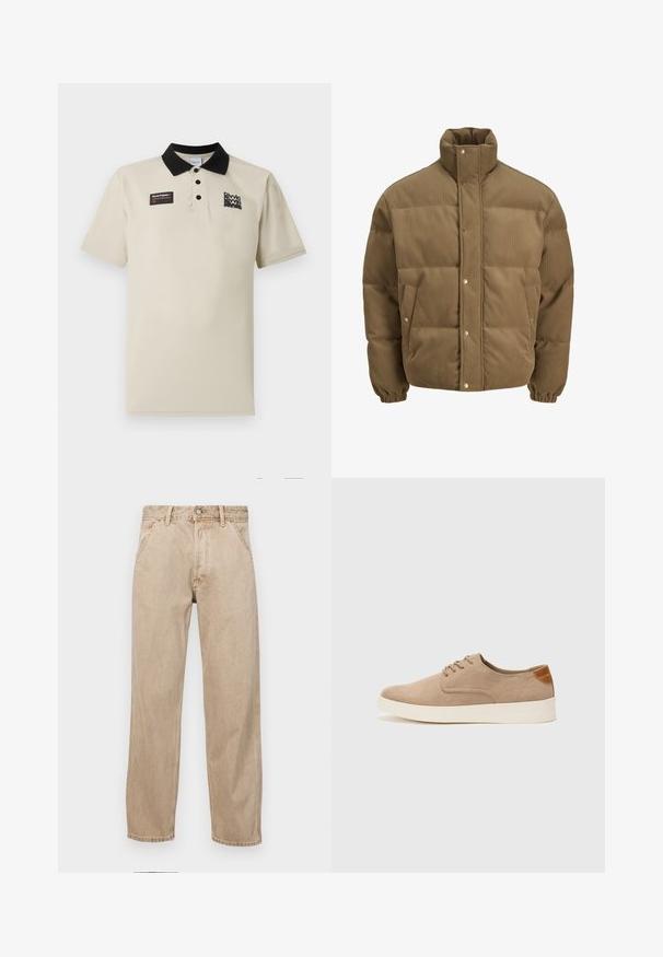 Barna kordbársony pufikabát magas gallérral, patentgombokkal, rugalmas mandzsettákkal és oldalsó zsebekkel, fehér háttéren bemutatva.; Beige pólóing sima anyagból, fekete gallérral, három gombbal és egy fekete és piros grafikával ellátott bal oldali mellkasi címkével.; Beige színű farmernadrág egyenes fazonnal, elülső zsebekkel, fém gombos záródással és diszkrét textúrával.; Beige velúr sportcipő, kerek orral, fűzős elülső résszel és textúrált hátsó részlettel. Fehér gumitalp kontrasztot ad. Egyszerű és modern design.