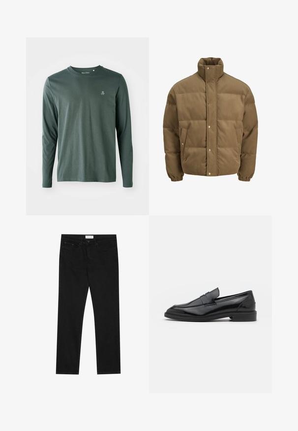 Barna kordbársony pufikabát magas gallérral, patentgombokkal, rugalmas mandzsettákkal és oldalsó zsebekkel, fehér háttéren bemutatva.; Hosszú ujjú, sötétzöld pamut póló kerek nyakkivágással, finom textúrával és egy kis fehér "M OP" logóval a bal mellen.; Fekete egyenes szárú farmernadrág, öt zsebes dizájnnal, gombos és cipzáras záródással, valamint Pier One márka címkével a derékrészen.; Fekete bőrcipók sima felülettel, kerek orral és keskeny sávval a felsőrészen. Alacsony, rétegelt sarkú.