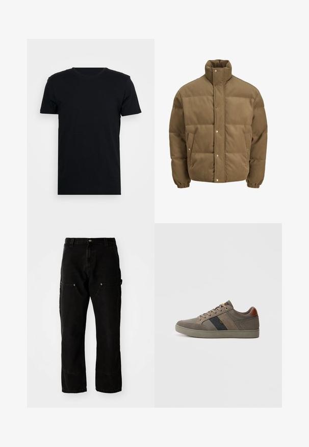 Brūns korduroja pufersjakas ar augstu apkakli, spiedpogu aizdari, elastīgām aprocēm un sānu kabatām, izstādīta uz baltā fona.; Melna īsām piedurknēm T-kreklā ar apaļu kakla izgriezumu, izgatavots no gludas auduma, ar vienkāršu griezumu un bez redzamām rakstu vai dizainu detaļām.; Melnas denim bikses ar brīvu piegriezumu, kurām ir divas priekšējās kabatas, sānu kabatas un redzamas šuvju detaļas.; Ikdīgs brūns zems sporta apavi ar šņorēm, struktūrētiem paneļiem, melnu joslu ar dzelteno "Lee" tekstu un brūnu papēdi.