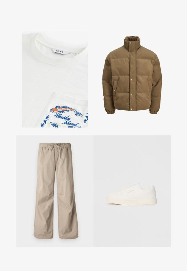 Smeđi puffer jakna od kordura s visokim ovratnikom, dugmadi na preklop, elastičnim manžetama i bočnim džepovima, prikazana na bijeloj pozadini.; Bijela majica s okruglim izrezom, s džepom izvezenim šarenim koi ribicama i natpisom "Honsky Island" u plavoj boji. Mekani materijal.; Bež hlače širokih nogavica s elastičnim pojasom i vezicom. Glatka tekstura, dva bočna džepa i minimalni šavovi za opuštenu prilagodbu.; Bijele slip-on tenisice s teksturiranom površinom, debelim đonom i minimalističkim dizajnom. Sadrže logo branda sa strane.