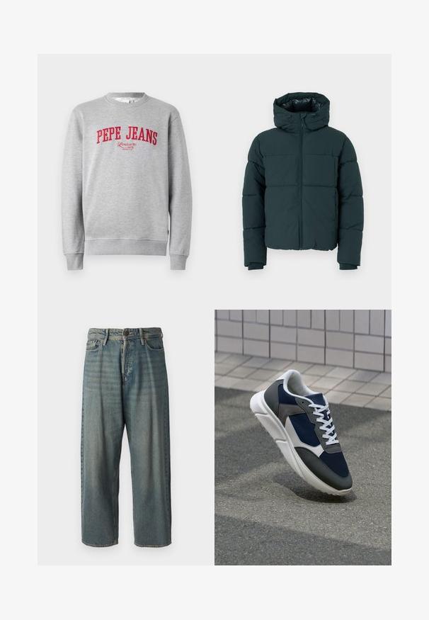 Casaco puffer verde escuro com capuz, apresentando um fecho frontal, painéis costurados e punhos com nervuras. Acabamento suave e textura acolchoada.; Sweatshirt cinza com o logótipo bordado em vermelho "PEPE JEANS" e o texto "London W1 1973" abaixo, com punhos e bainha canelados.; Jeans de ganga azul claro com um corte solto, cintura média e pernas retas. Apresenta cinco bolsos, passadores de cinto e fecho com botão.; Sapatilha com parte superior em malha azul-marinho, detalhes em camurça cinza, sola de borracha branca e atacadores brancos planos, projetada para conforto e respirabilidade.