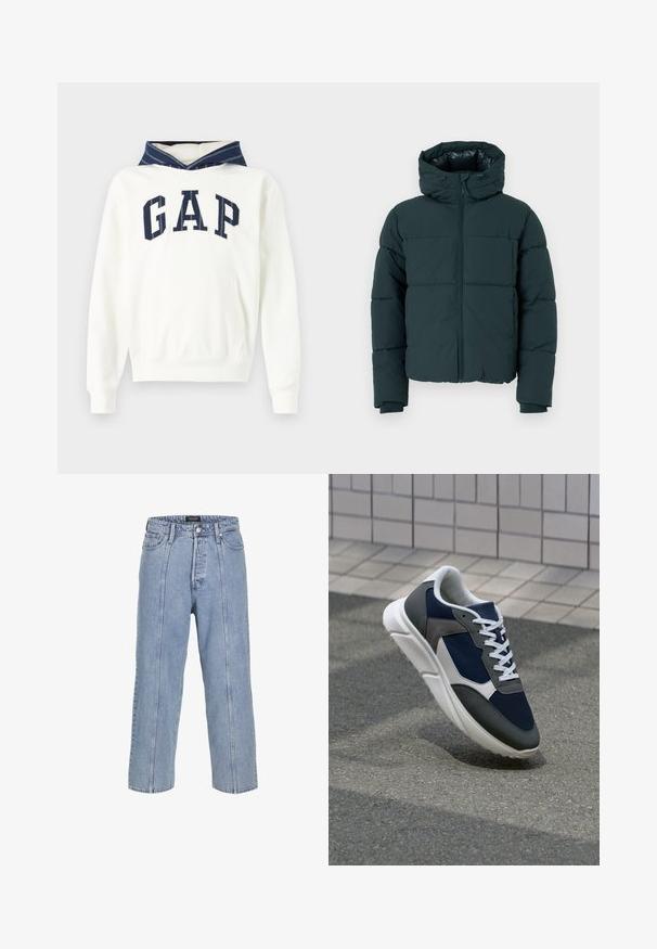 Dunkelgrüne Steppjacke mit Kapuze, seitlichem Reißverschluss, gesteppten Paneelen und gerippten Bündchen. Glatte Oberfläche und gepolsterte Textur.; Weißer Baumwoll-Hoodie mit einem Kapuzenfutter in Marineblau, ausgestattet mit einem großen „GAP“-Logo in Marineblau auf der Vorderseite. Enthält eine Vordertasche und gerippte Bündchen.; Hellblaue Denim-Jeans mit lockerer Passform, weitem Bein und sichtbaren Stickdetails. Mit Knopf- und Reißverschluss, fünf Taschen.; Sneaker mit einem Obermaterial aus navyblauem Mesh, grauen Wildlederelementen, einer weißen Gummisohle und flachen weißen Schnürsenkeln, entworfen für Komfort und Atmungsaktivität.