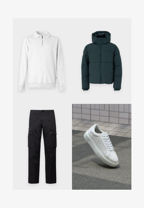 Tumši zaļš pūkains jaka ar kapuci, ar priekšējo rāvējslēdzēju, šūtām daļām un ribota apakšmalu. Gluda apdare un pamatots audums.; Gaiši pelēks džemperis ar rāvējslēdzēja apkakli, garām piedurknēm, ribotām aprocēm un apakšmalu. Izgatavots no mīksta, teksturēta auduma. Bez rakstiem vai akcents.; Melnas cargo bikses ar vairākiem kabatām, ar rāvējslēdzēju kabatu uz augšstilba, taisnu piegriezumu un izturīgu kokvilnas audumu ar vieglu spīdumu.; Baltas ādas sporta apavi ar gludu virsmu, apaļu pirkstu un plakanām baltām šņorēm. Iezīmējas ar strukturētu gumijas zoli un minimālisma dizaina elementiem.