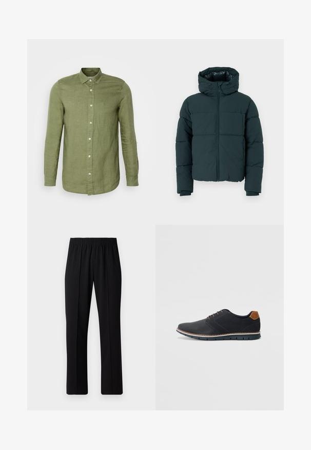 Ciemnozielona kurtka puchowa z kapturem, z zapięciem na zamek z przodu, przeszywanymi panelami i ściągaczami przy mankietach. Gładkie wykończenie i pikowana tekstura.; Długa bluzka w kolorze oliwkowym z lnu, z długim rękawem i kołnierzykiem zapinanym na guziki, z białymi guzikami i luźnym krojem. Teksturowana tkanina, dopasowane mankiety.; Czarne spodnie z elastycznym pasem o prostym kroju, z gładką strukturą i bez widocznych wzorów czy elementów metalowych.; Czarne syntetyczne buty z fakturowaną cholewką, gładkimi akcentami, brązowym obcasem i kontrastującą podeszwą. Charakteryzują się minimalnym sznurowaniem i detalami w szwach.