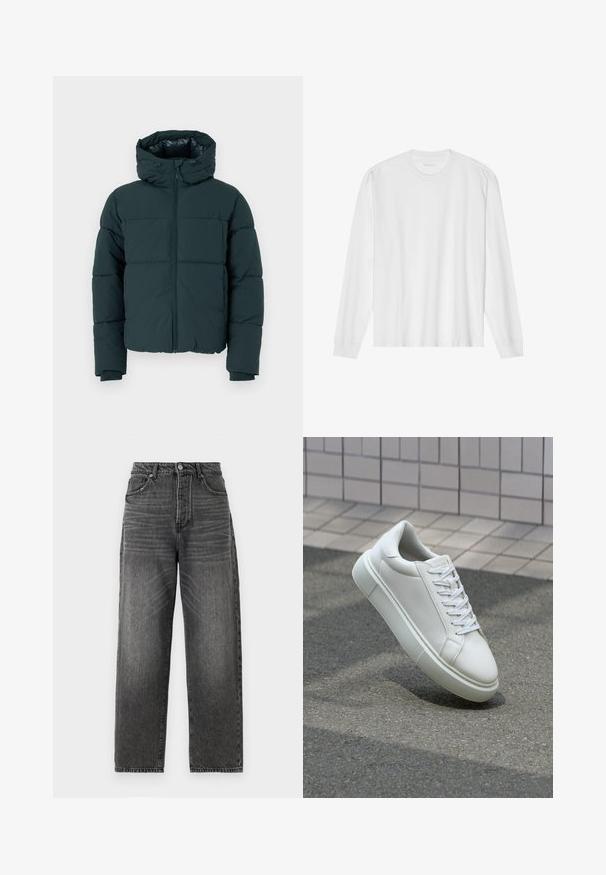 Mørkegrønn dunjakke med hette, med glidelås foran, sydd paneler og ribbestrikkede mansjetter. Jevn finish og polstret tekstur.; Langarmet hvit t-skjorte i bomull med rund hals og ribbestrikkede mansjetter. Enkelt, uornamentert design med glatt tekstur og standard passform.; Høy midje, vide jeans i falmet svart denim. Har fem lommer, lukking med knapp foran og beltehemper, med subtile slitasjemerker.; Hvit lær sneaker med glatt overflate, rund tå og flate hvite snøringer. Har en teksturert gummisåle og minimale design elementer.