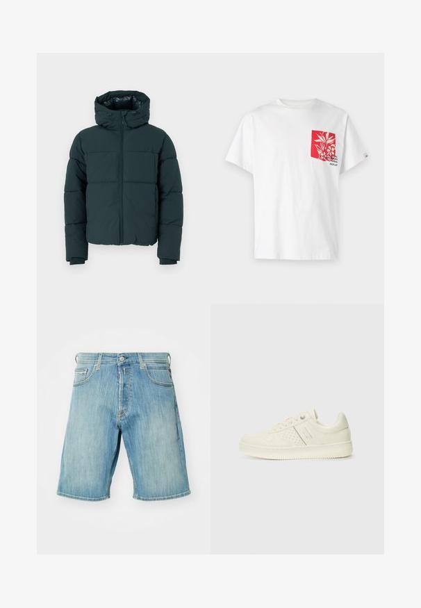 Chaqueta acolchada verde oscuro con capucha, con un cierre frontal, paneles cosidos y puños acanalados. Acabado suave y textura acolchada.; Camiseta de algodón blanca con un bolsillo rojo que presenta un diseño floral y texto. Manga corta, cuello redondo y corte relajado.; Pantalones cortos de mezclilla azul claro con un diseño de cinco bolsillos, corte recto y dobladillo ligeramente deshilachado. Presenta un cierre de botón y presillas para cinturón.; Zapatilla color crema con detalles perforados, cordones y logotipo en el lateral, exhibida sobre un fondo blanco liso.