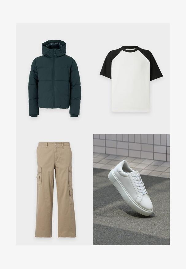 Mørkegrønn dunjakke med hette, med glidelås foran, sydd paneler og ribbestrikkede mansjetter. Jevn finish og polstret tekstur.; Svart og hvit kortermet t-skjorte med ribbet tekstur; har raglanermer og rund hals.; Beige cargo bukser laget av bomull, med flere sidelommer, rett ben-design og knappelukking. Glatt tekstur med sømdetaljer.; Hvit lær sneaker med glatt overflate, rund tå og flate hvite snøringer. Har en teksturert gummisåle og minimale design elementer.