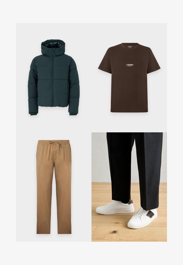 Giubbotto imbottito verde scuro con cappuccio, dotato di zip frontale, pannelli cuciti e polsini a costine. Finitura liscia e texture imbottita.; T-shirt in cotone marrone con maniche corte, collo tondo e un piccolo logo bianco sul petto. Texture liscia e vestibilità regolare.; Pantaloni marrone chiaro, morbidi e larghi, realizzati in un tessuto liscio. Presentano una vita elastica con cordoncino e un design a gamba dritta.; Sneakers bianchi dalla texture liscia, con dettagli in pelle marrone e particolari neri, abbinati a pantaloni neri su misura. Sfondo in parquet.