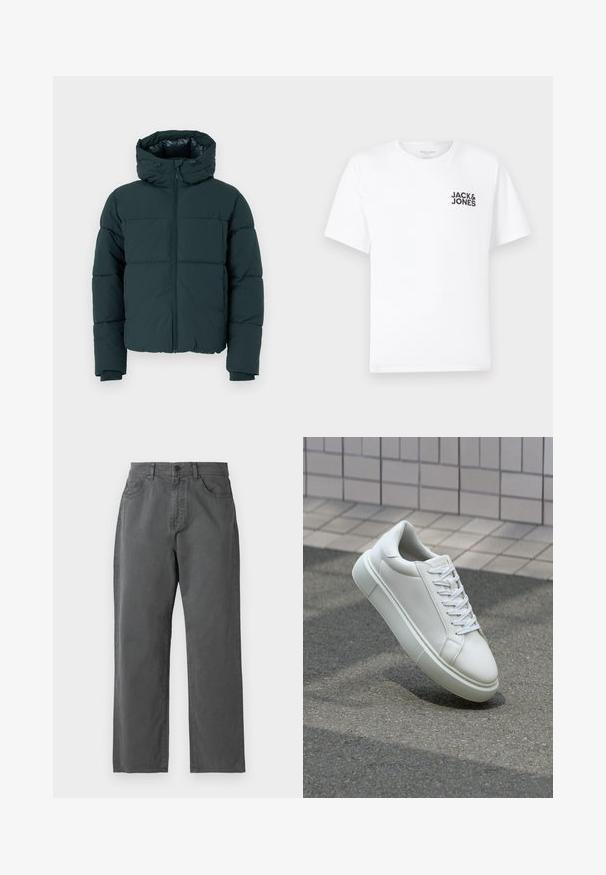 Jachetă puffer verde închis cu glugă, având un fermoar frontal, panouri cusute și manșete ribbate. Finish neted și textură căptușită.; Trișor alb din bumbac, cu mâneci scurte și guler rotund. Prezintă un logo cu text negru "JACK & JONES" în zona stângă a pieptului. Design simplu, de bază.; Pantaloni din material gri cu croi drept, care dispun de un sistem de închidere cu buton și fermoar, cinci buzunare și detalii de cusătură discrete.; Sneaker alb din piele cu o suprafață netedă, vârf rotund și șireturi plate albe. Dispune de o talpă din cauciuc texturată și elemente de design minimale.