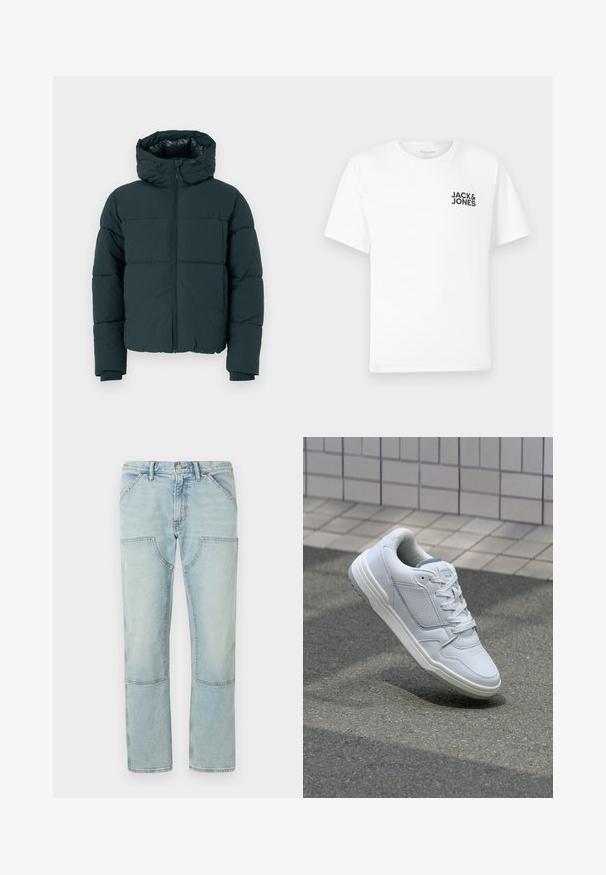 Tume rohelise värvi puhvjakate koos kapuutsiga, ees on lukuga, õmmeldud paneelid ja soonikkoes varrukad. Sile viimistlus ja pehme tekstuur.; Valge puuvillane T-särk, lühikeste varrukatega, ümmarguse kaelusega. Vasakul rinnal on musta teksti logoga "JACK & JONES". Lihtne, üksikasjadeta disain.; Heledad taevasinised teksad sirgete jalgadega, millel on plaastritaskud ja kulunud viimistlus. Nööbiga kinnitamine vöökohas, tavalised vööloopid.; Valge nahkne toss, millel on perforeeritud külgedega, tekstuuriga aktsendid, lame pael ja kontrastne hall konts. Omab veidi tõstetud tallat.