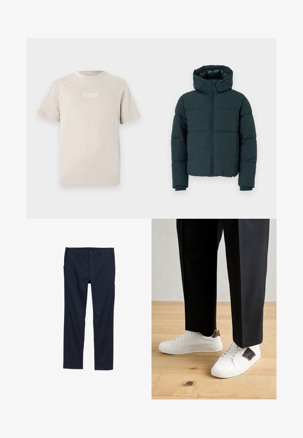 Chaqueta acolchada verde oscuro con capucha, con un cierre frontal, paneles cosidos y puños acanalados. Acabado suave y textura acolchada.; Camiseta de algodón beige con mangas cortas, cuello redondo y un pequeño logo blanco impreso en la parte superior del pecho.; Pantalones ligeros azul marino con una textura suave, diseño de pierna recta, cierre de botón y bolsillos laterales.; Zapatillas blancas con textura suave, con acentos de cuero marrón y detalles en negro, combinadas con pantalones negros ajustados. Fondo de suelo de madera.