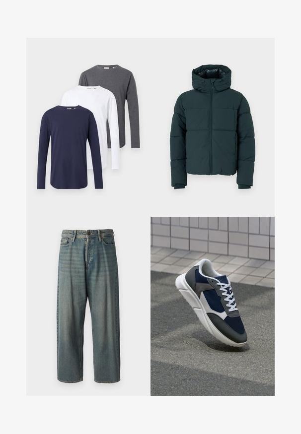 Tumma vihreä puhvijakku hupulla, jossa on vetoketju edessä, ommellut paneelit ja ribbineulehihansuut. Sileä pinta ja pehmustettu rakenne.; Kolme pitkähihasta t-paitaa tummansinisessä, valkoisessa ja harmaassa. Valmistettu puuvillasta, jossa on pyöreä pääntie ja suora helma.; Vaaleansiniset farkut, joissa on väljä istuvuus, keskikorkea vyötärö ja suorat lahkeet. Ominaisuuksiin kuuluvat viisi taskua, vyölenkit ja nappisulku.; Kengät, joissa on tummansininen verkkopäällinen, harmaat mokka-yksityiskohdat, valkoinen kumipohja ja litteät valkoiset nauhat, suunniteltu mukavuutta ja hengittävyyttä varten.